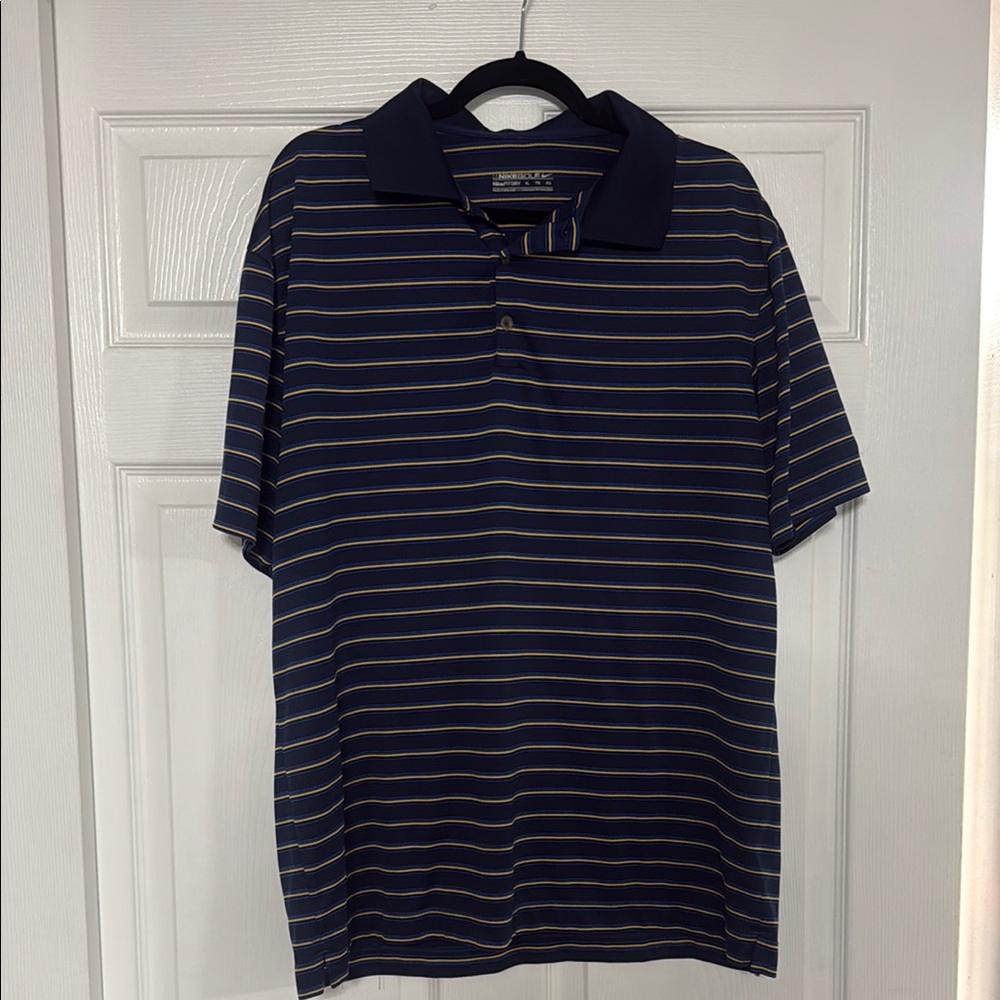 Lot of 2 Nike Golf Polos - Navy with Yellow Stripes and Navy with white stripes